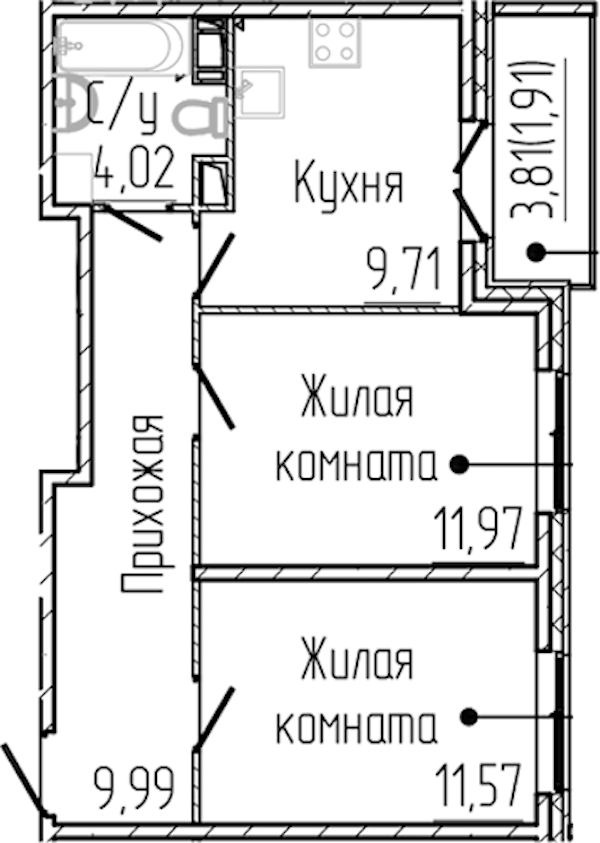 2-комнатная квартира 49.17 м², 3/8 эт., ЖК «SERTOLOVO PARK»